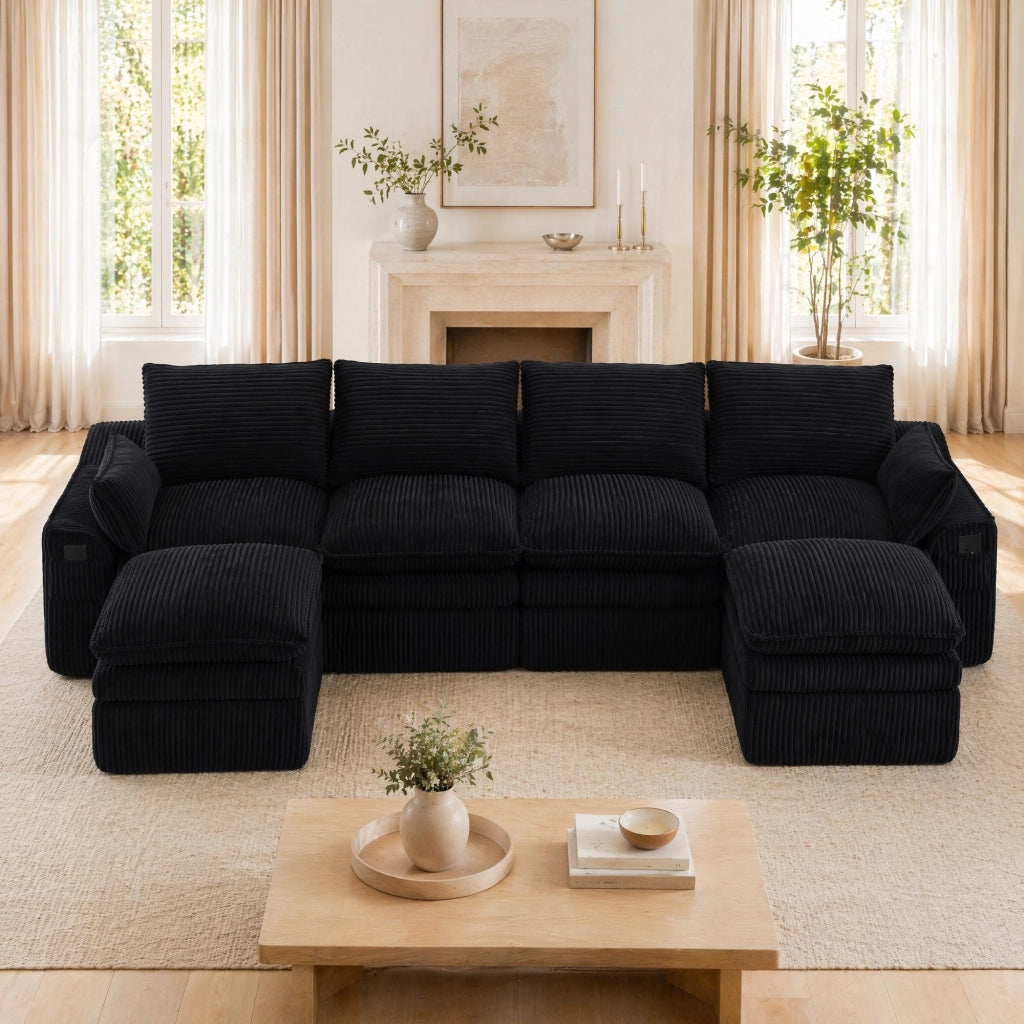 Divano modulare in velluto a coste nero con tasche laterali; 335×167×85 cm