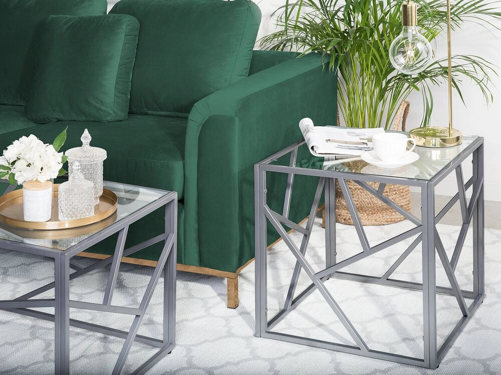 Tavolino Laterale Piano In Vetro Trasparente Struttura In Metallo Argento Cubo 50 x 50 cm Glam Modern