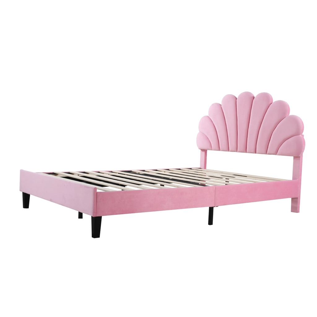 DESMIU Letto Matrimoniale 140 × 200 cm 2 Posti con Testiera Floreale, senza Materasso, in Velluto Rosa