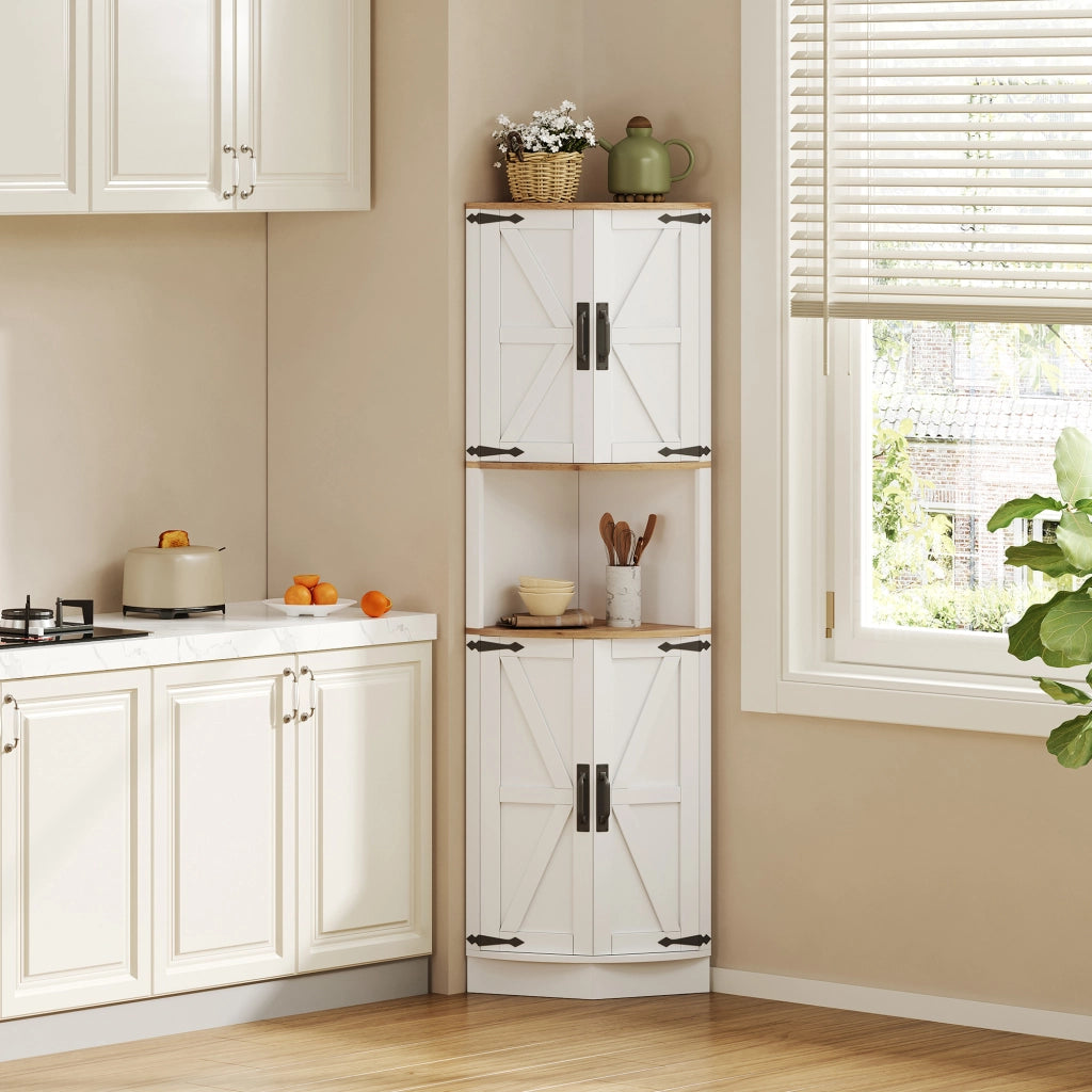 Mobile angolare con 2 ante 1 vano aperto e 4 ripiani vintage per cucina e soggiorno in MDF bianco 39,5 × 39,5 × 180 cm