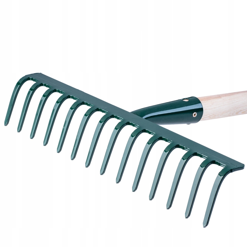 Rastrello per foglie KADAX per giardino, con manico in legno, lunghezza 138 cm, 14 denti, robusto.