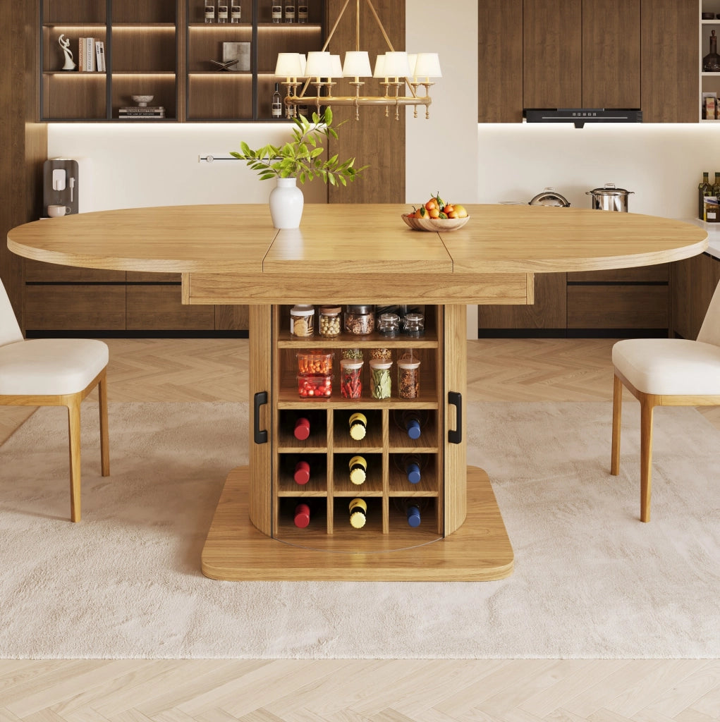 Tavolo allungabile 118x118x76 cm con contenitore; ripiani estraibili e portabicchieri; MDF e metallo; naturale