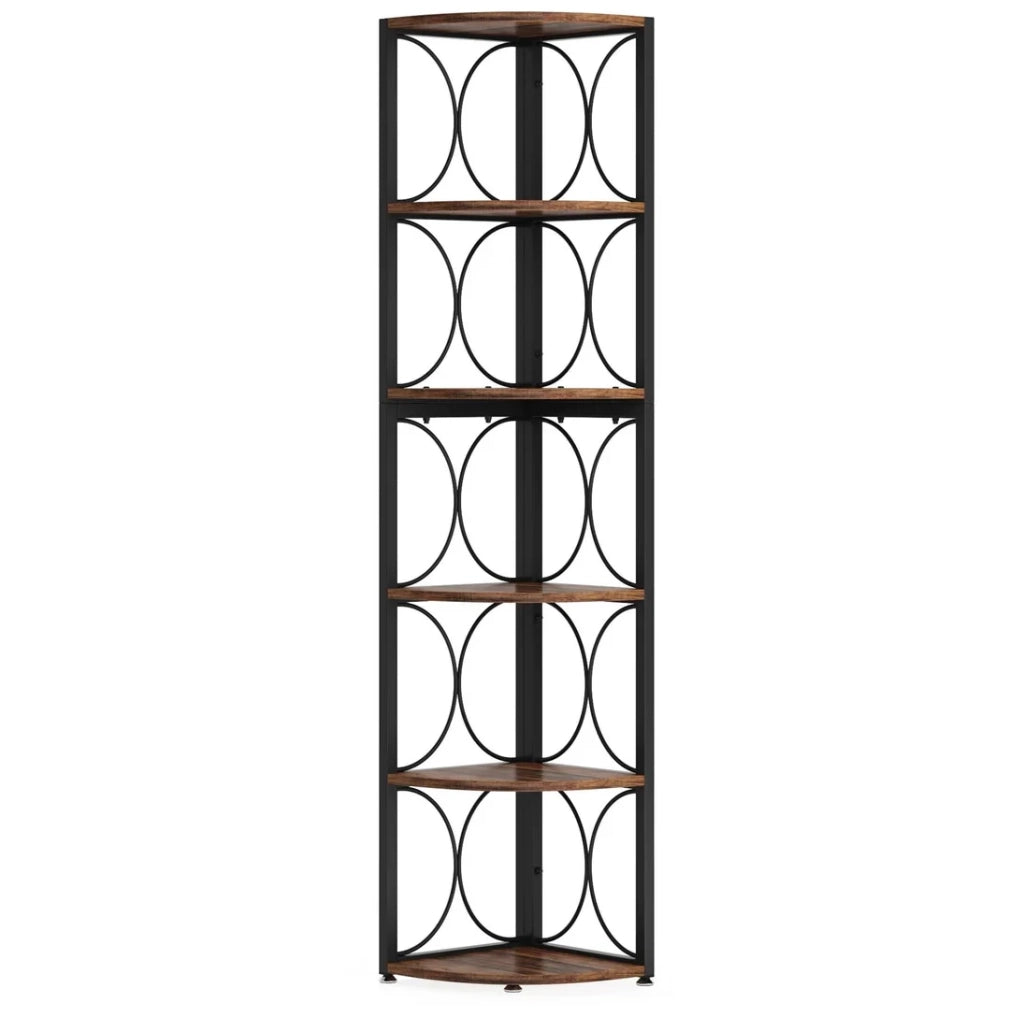 Scaffale angolare ULEVR a 6 ripiani in metallo e legno, mobile da terra nero e marrone rustico