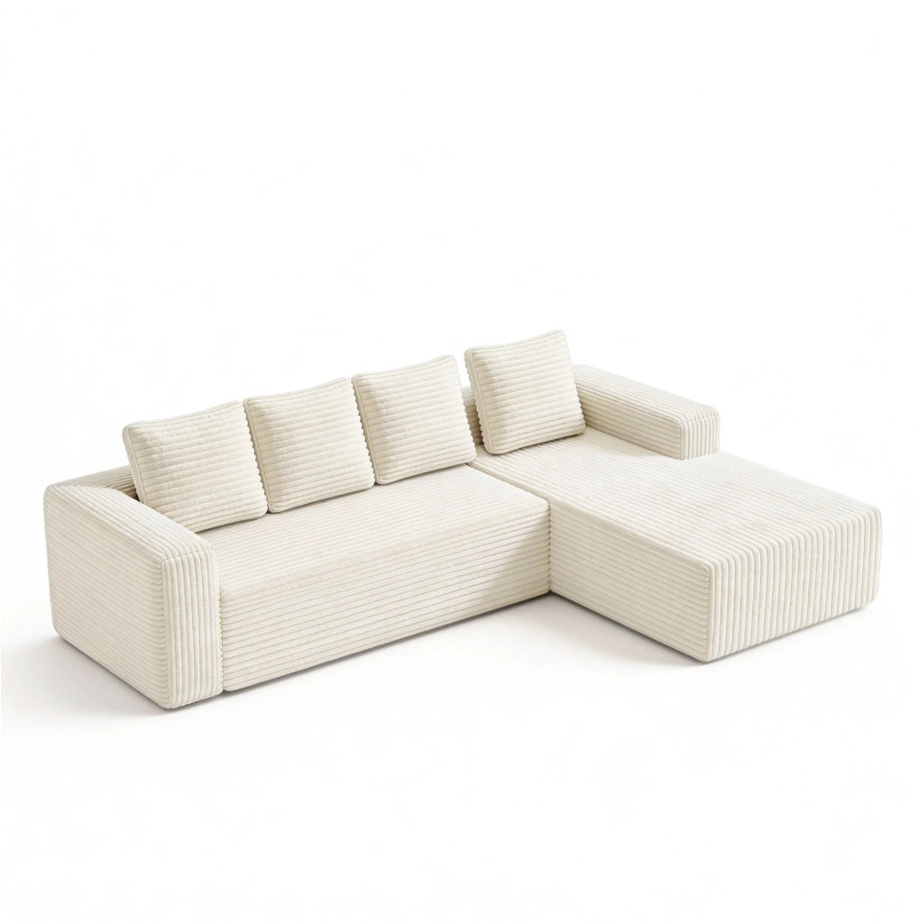 Divano modulare a L con chaise longue reversibile in velluto a coste beige