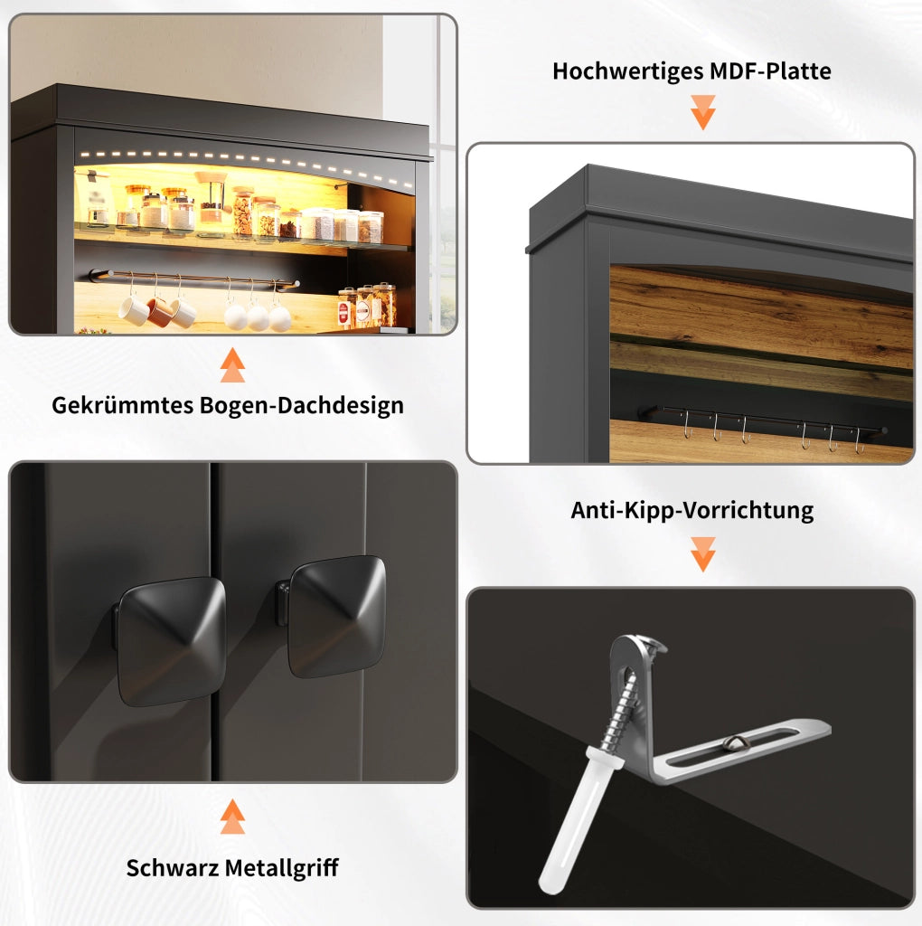 Credenza alta da cucina con LED USB, 107x43x184 cm, nera