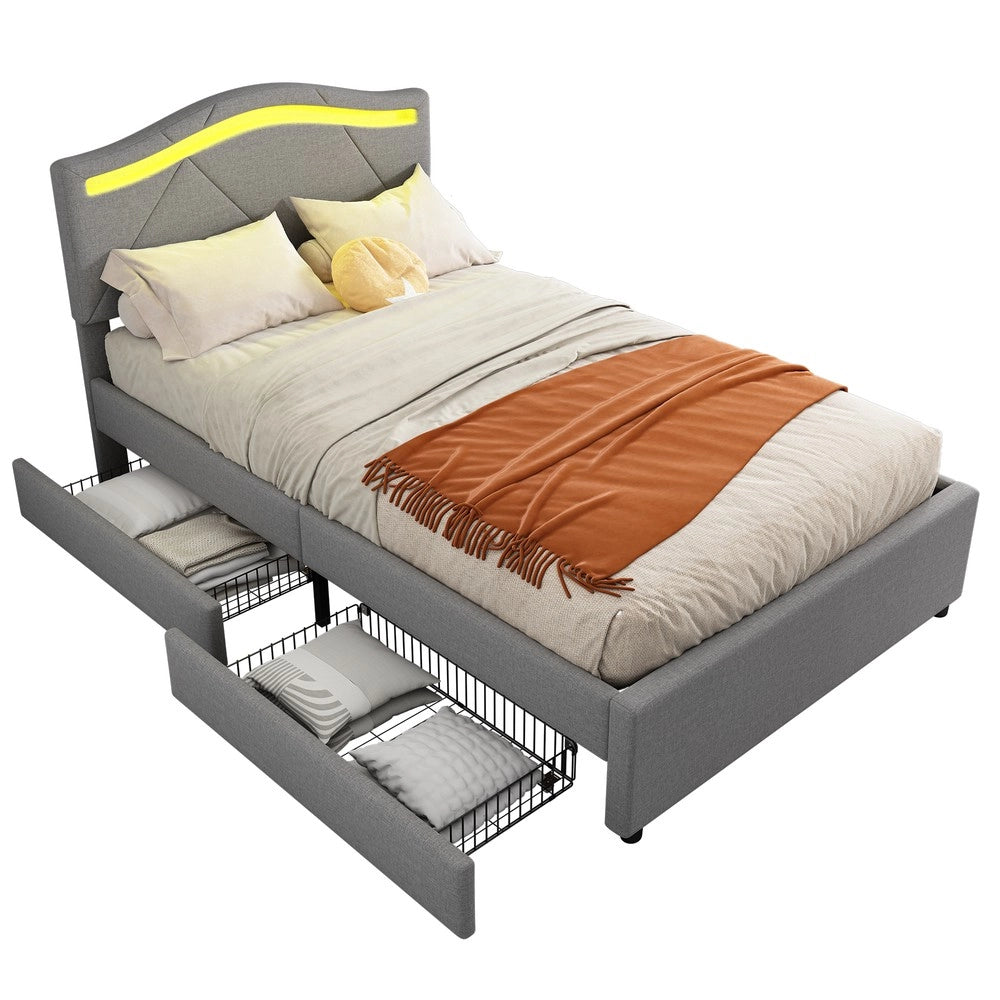 Letto Imbottito con LED e Cassetti ¨C Xylo ¨C Testiera Regolabile, Tessuto Grigio, 90x200