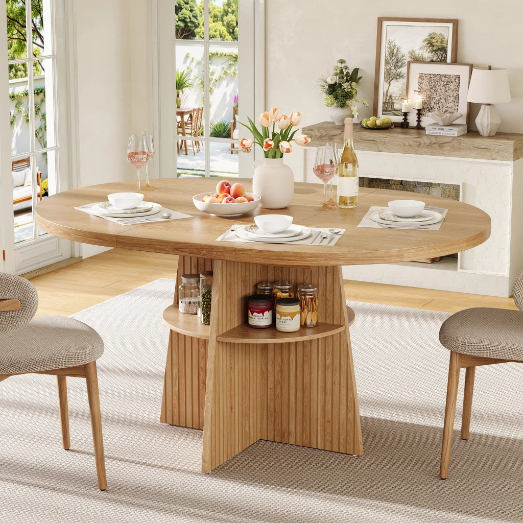 Tavolo da pranzo rotondo allungabile con piano estensibile e ripiano interno per cucina e sala da pranzo in MDF naturale