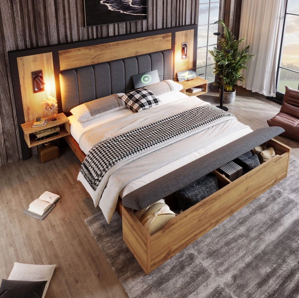 Letto matrimoniale 180x200 cm con luci da lettura; USB C e panca contenitore; rovere