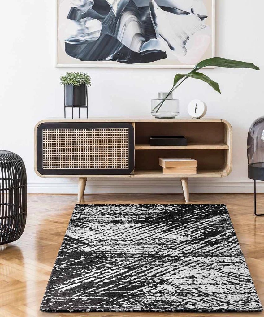 Tappeto Arredo ESSENZA NERO disegno moderno astratto contemporaneo, multiuso lavabile antiscivolo cm.140x200