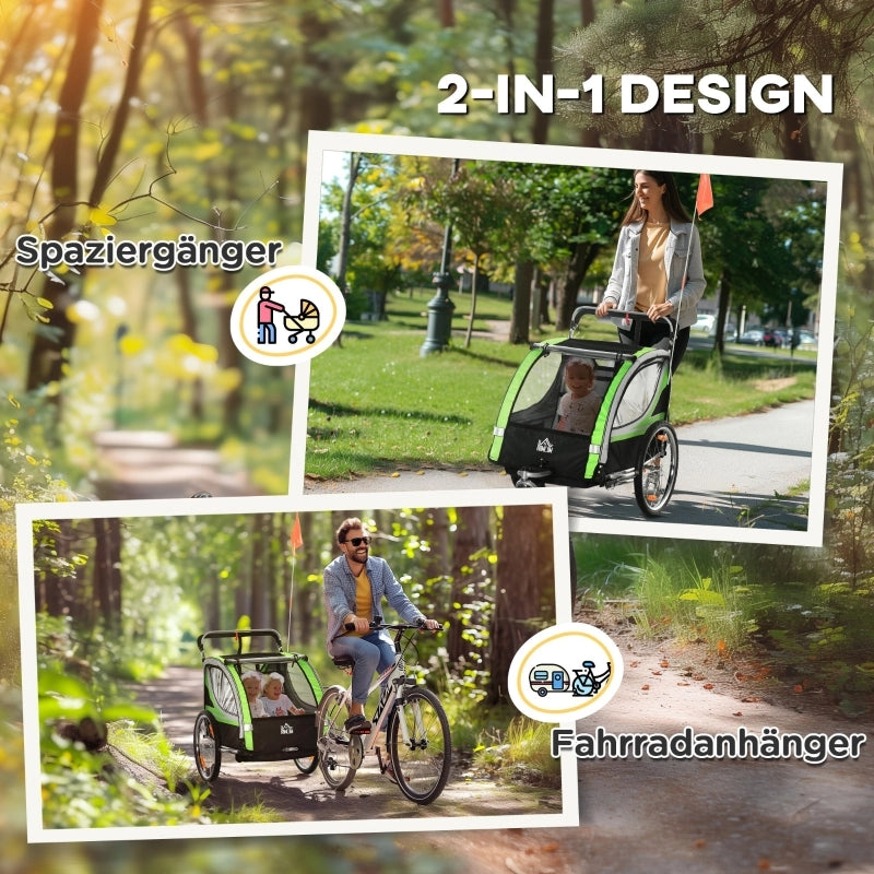 Rimorchio per bicicletta 2 in 1 per 2 bambini, funzione di spinta, parapioggia, freno, verde