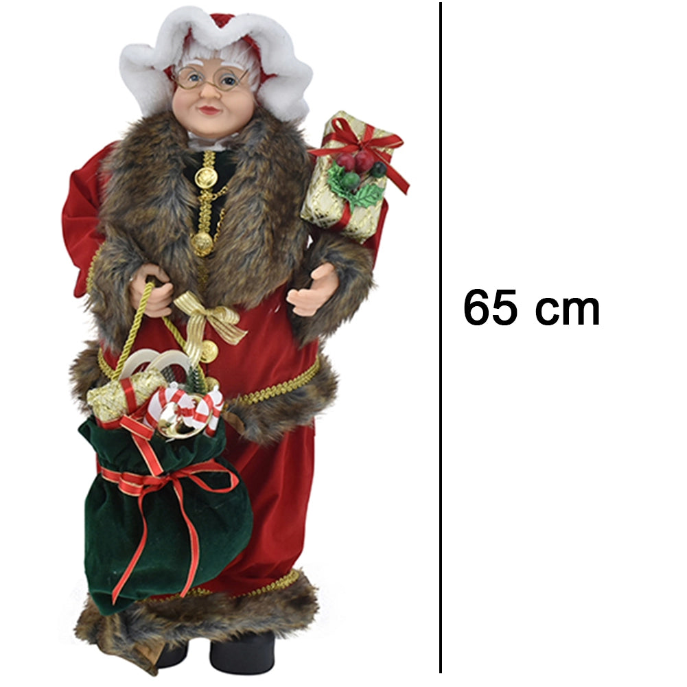Statuina Mamma Natale Addobbo Statuetta 65cm Vestiti Tessuto e Sacco Natalizio
