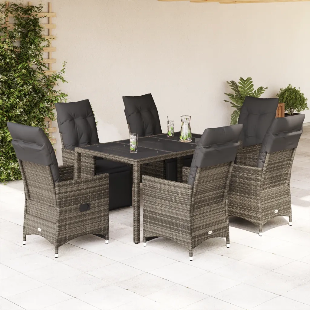 vidaXL Set Bistrò da Giardino 7 pz con Cuscini in Polyrattan Grigio