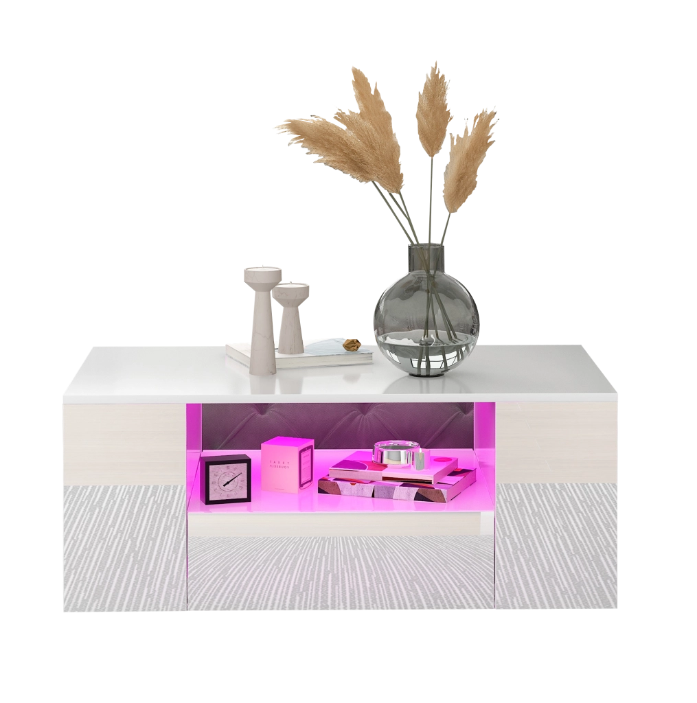 Tavolino da caffè LED con 2 cassetti e 2 ripiani; 95 x 53 x 37 cm; bianco