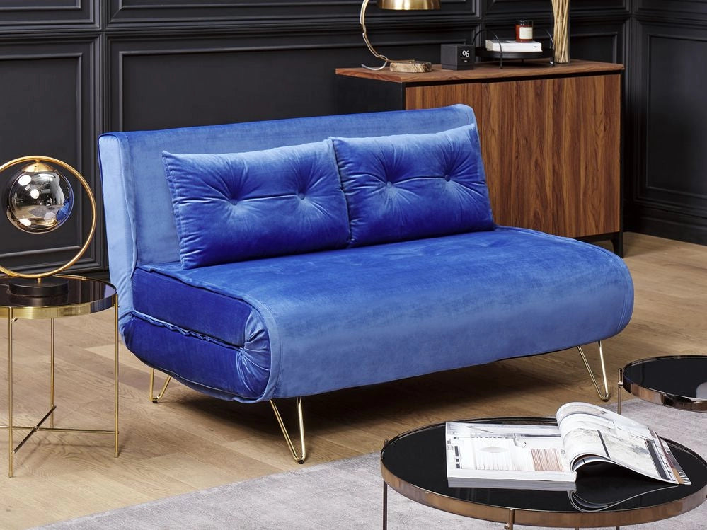 Divano letto in velluto blu navy a 2 posti letto pieghevole senza braccioli con 2 cuscini gambe in metallo dorato glamour