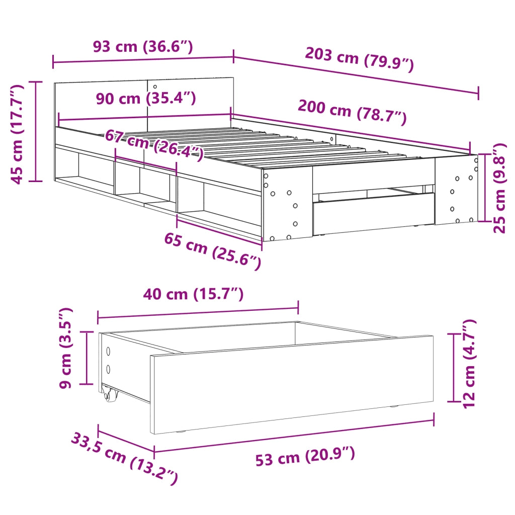 Letto singolo | Letto per adulti | Giroletto Cassetto Grigio Cemento 90x200 cm Legno Multistrato