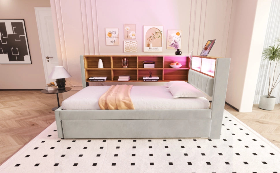 DESMIU Divano letto 90 × 200 cm con letto estraibile 90 × 190 cm, LED, USB, Type C e presa, senza materasso, grigio chiaro