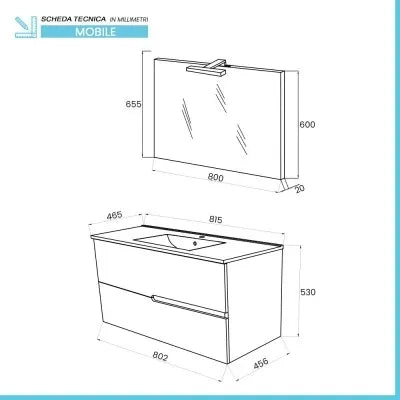 Mobile bagno sospeso 80 rovere grigio e bianco con lavabo e specchio  Eva