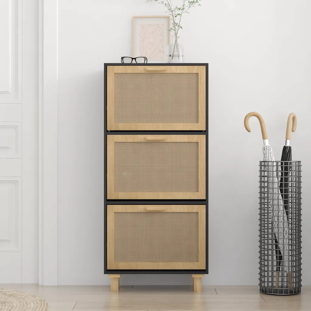 Scarpiera | Mobile per scarpe Nero 52x25x115cm Legno Multistrato e Rattan Naturale