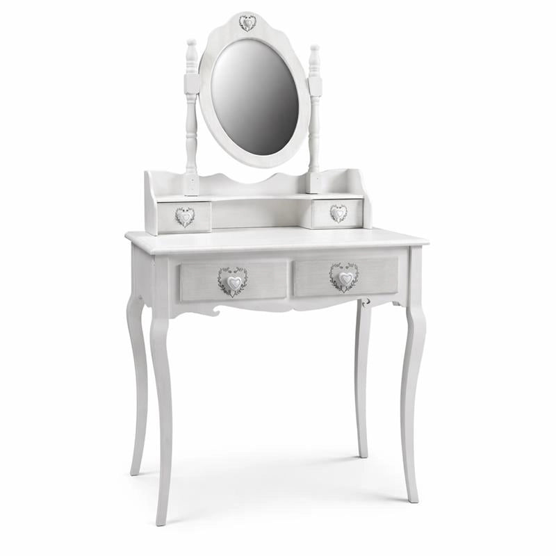 MA MAISON TOELETTA BIANCA IN LEGNO 75X40X70 CM CON SPECCHIO E 4 CASSETTI A CUORE, VANITY TABLE SHABBY CHIC PER CAMERETTA