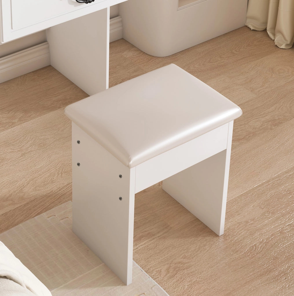 Tavolo da trucco moderno con specchio LED a 3 modalità; vani portaoggetti e sgabello imbottito; bianco