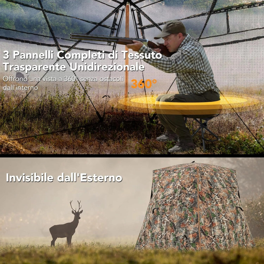 Tenda Mimetica per Caccia, 2-3 Persone, Visione a 360°, Camouflage, 249 x 211 x 175 cm