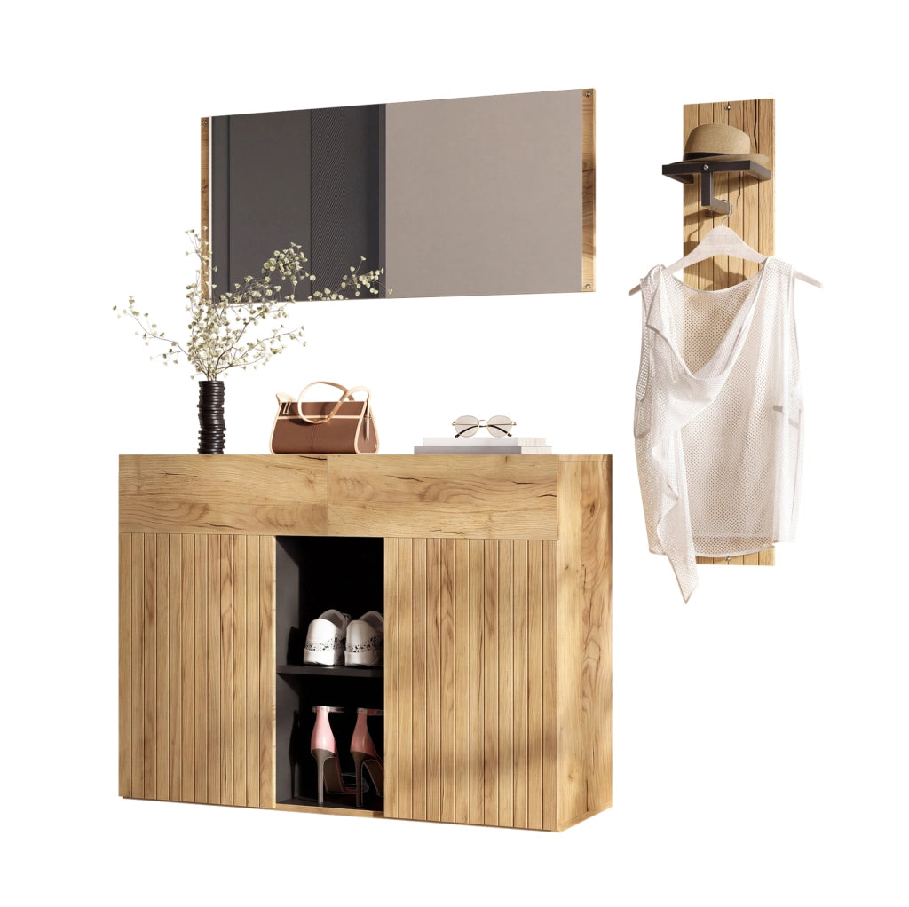 Set ingresso con specchio, appendiabiti e scarpiera in legno e nero 125x35x178 cm