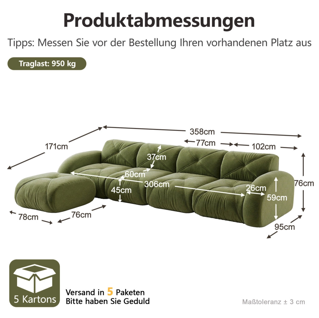 Divano modulare angolare in chenille verde 358x171x76 cm; design senza telaio