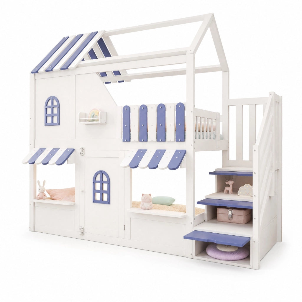 Letto a castello per bambini 90x200 cm a forma di casetta; con LED; ripiani; bianco e blu