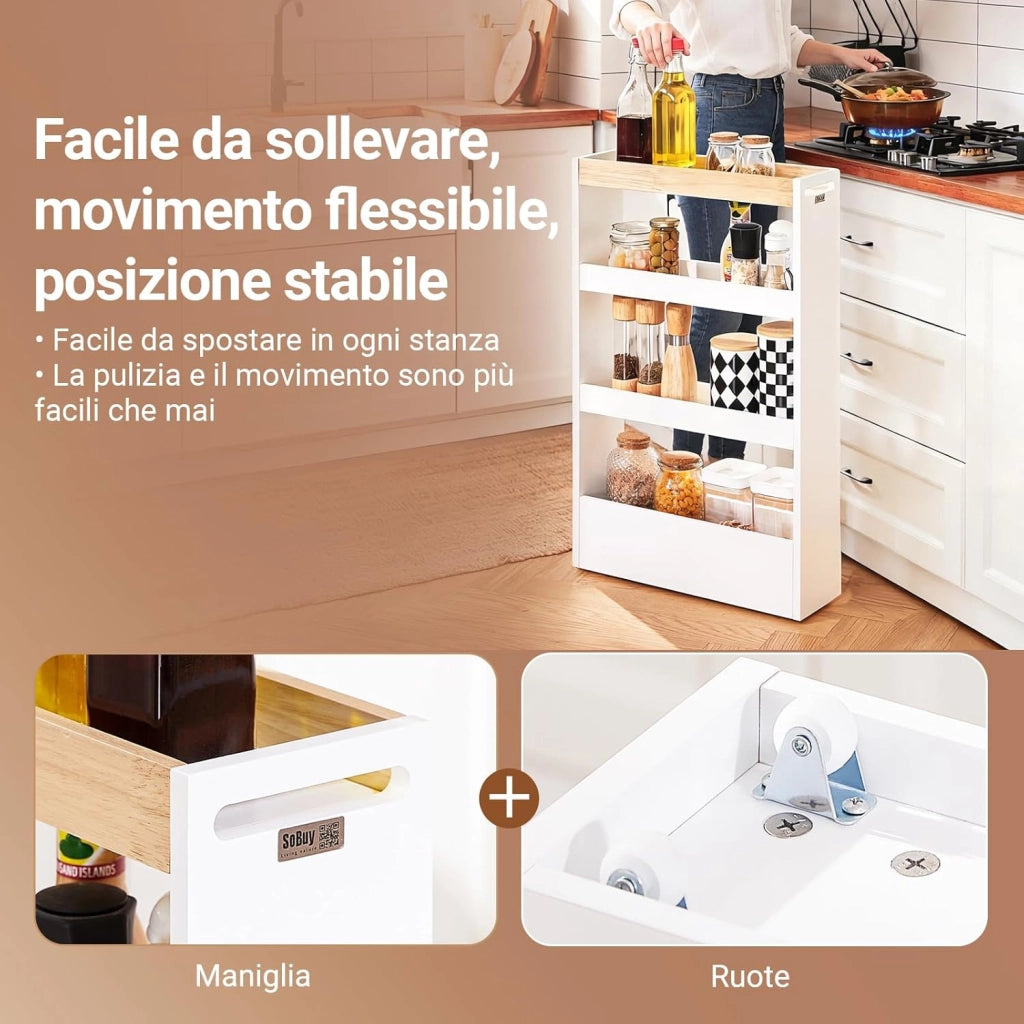 Carrello Cucina Salvaspazio con Ruote 15cm Larghezza – Mobiletto Cucina Stretto con 3 Ripiani, Scaffale Cucina e Portaoggetti per Bagno o Ufficio, Bianco ed Effetto Legno 80x15x50cm NSR12-W