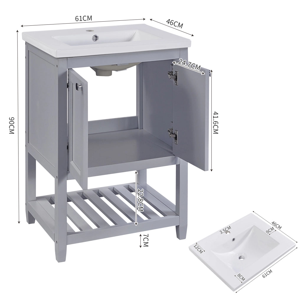 Mobile bagno da terra con lavabo in ceramica; legno massello e MDF; grigio e bianco
