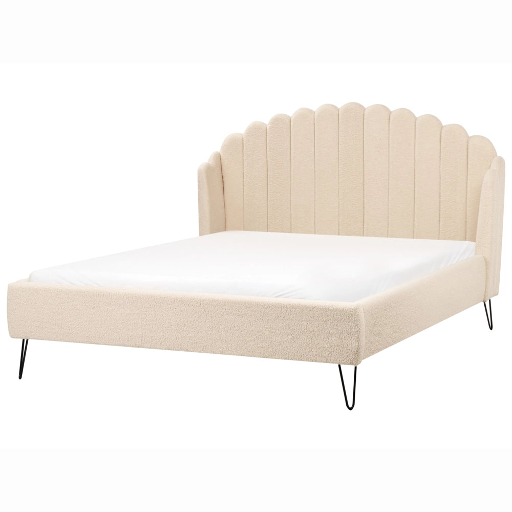 Letto matrimoniale con rete in tessuto bouclè beige 160 x 200 cm gambe in metallo testata retro capitonné