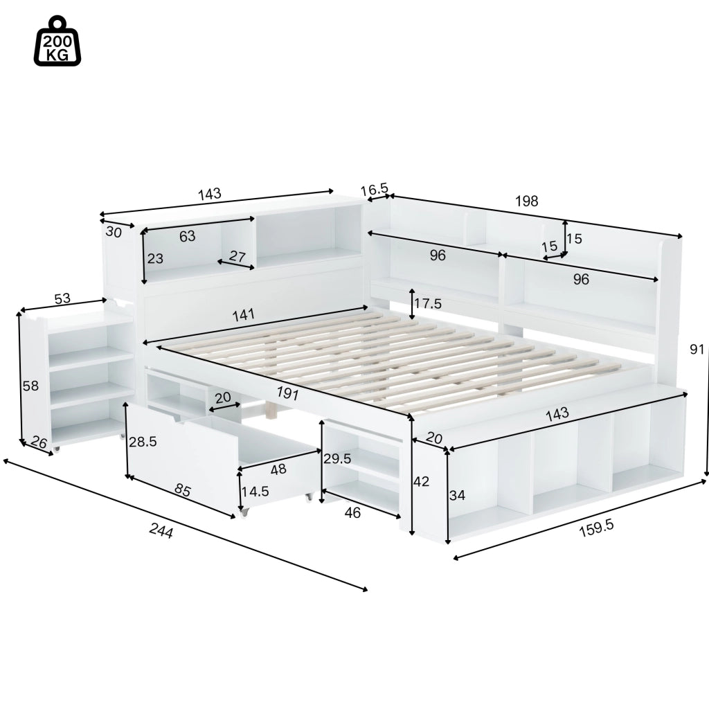 Letto per cameretta ULEVR 140x190 cm con cassetti e ripiani, rete a doghe inclusa, bianco