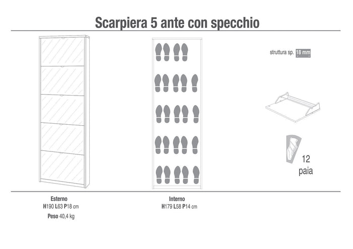 Scarpiera Salvaspazio 5 Ante con Specchio 12 Paia  63x190x18 cm Noce Stelvio