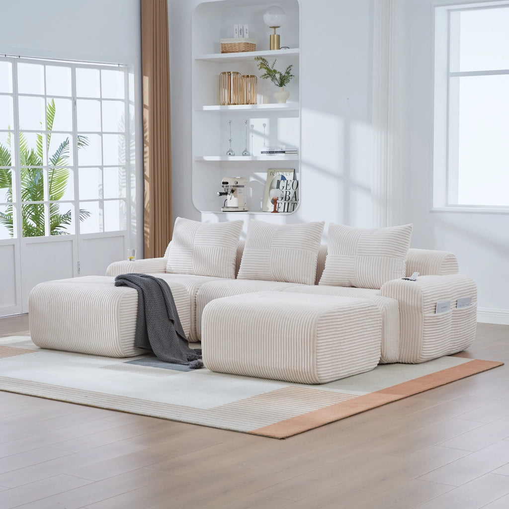 Divano modulare 3 posti con portabicchieri e tasca laterale in tessuto corduroy beige 268 × 174 × 66 cm