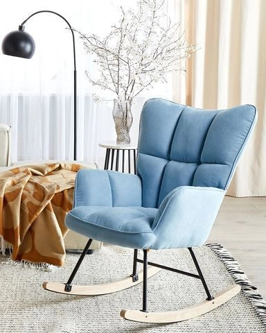 Sedia a dondolo Tessuto poliestere celeste Rivestimento gambe in legno Pattini moderni