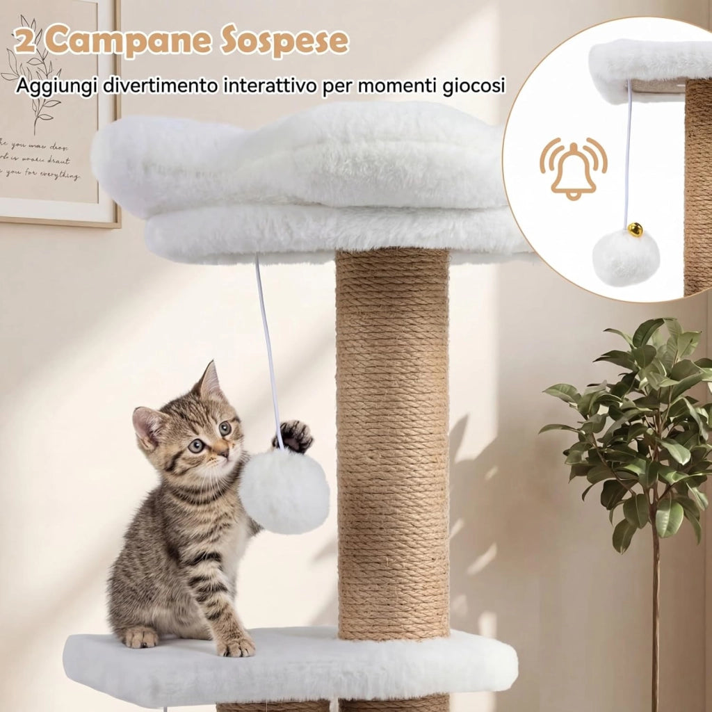 Albero per Gatti, Alberi Tiragraffi Alta 96 cm con Poggiolo Imbottito a Forma di Fiore, Condo Accogliente & Letto per Gatti, 2 Palline con Campanelli Appese & Posti per Graffiare (Bianco)