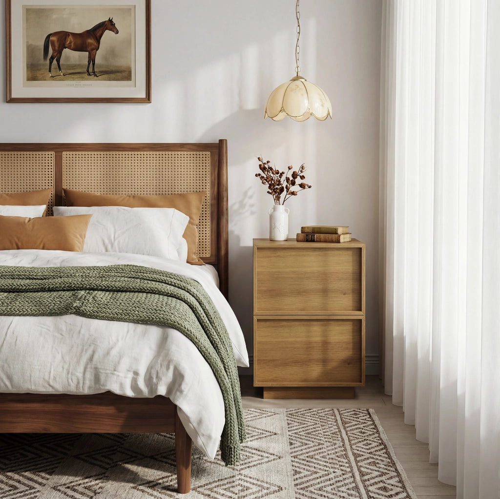 Comodino 38x48x55 cm con 2 cassetti; design minimalista; in MDF e truciolato; naturale