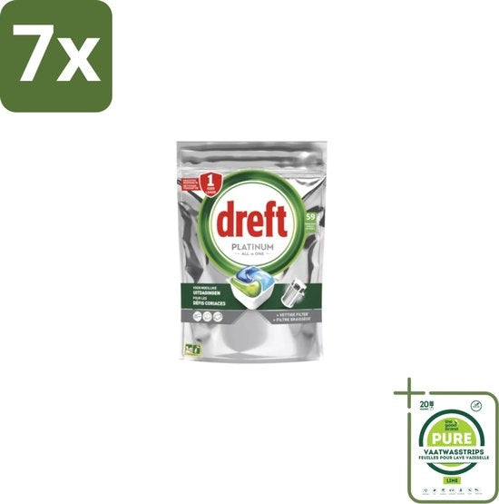 7 x Tabletten per Lavastoviglie Platinum All-in-One Original - 59 Pezzi - Grande Scatola - Lavastoviglie - Lavastoviglie - Pulizia - Detergenza - Descale - Sale