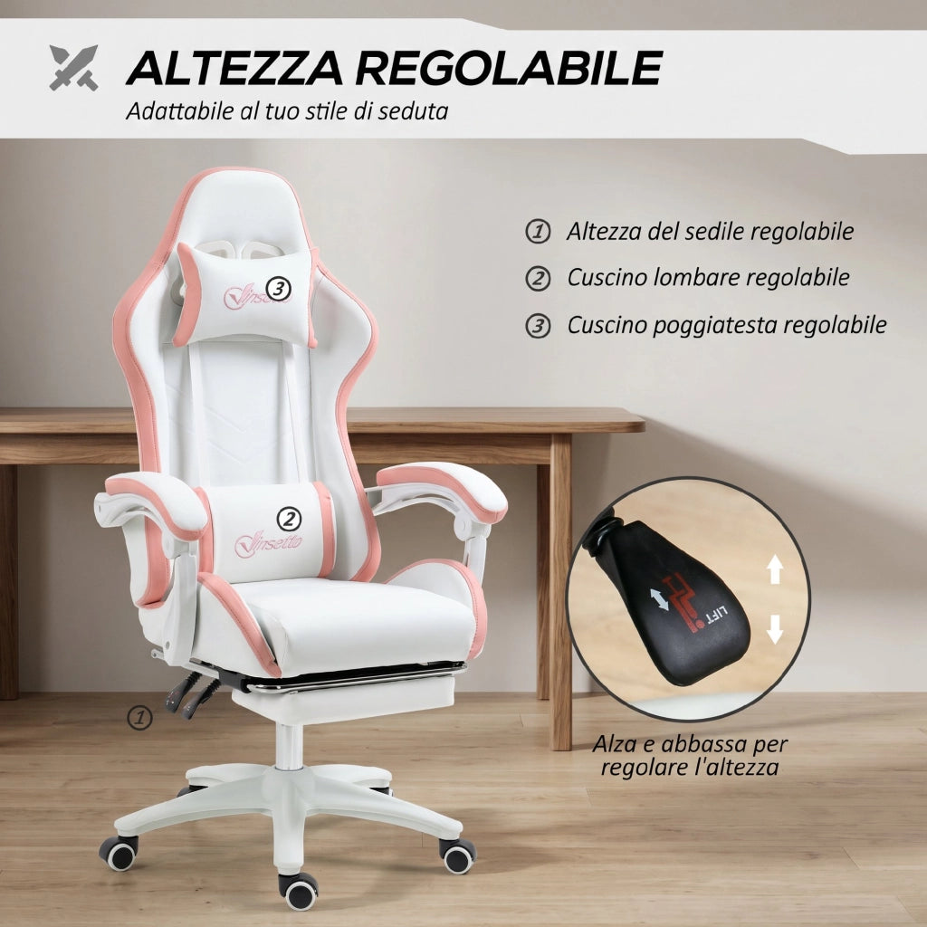 Sedia da Gaming con Altezza Regolabile e Schienale Reclinabile 135°, 65x65x121-129 cm, Bianco e Rosa