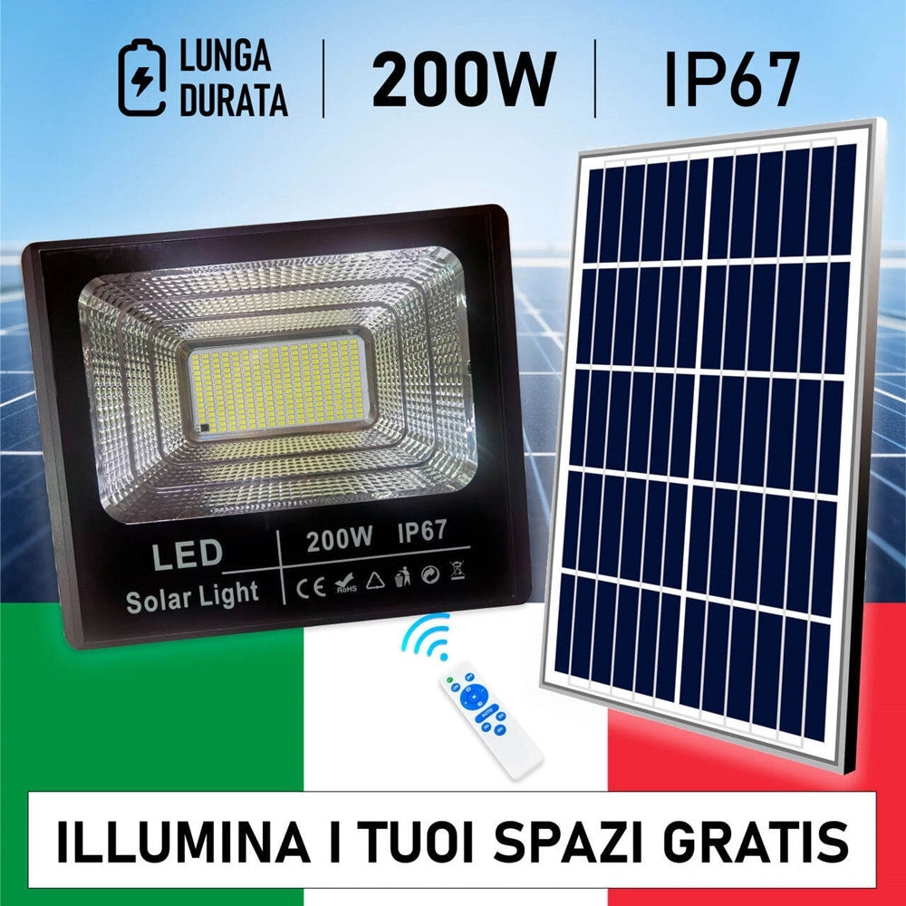 Trade Shop - Faro A Led Con Pannello Solare 200 W Luce Bianca Fredda 6500k Batterie Al Litio -