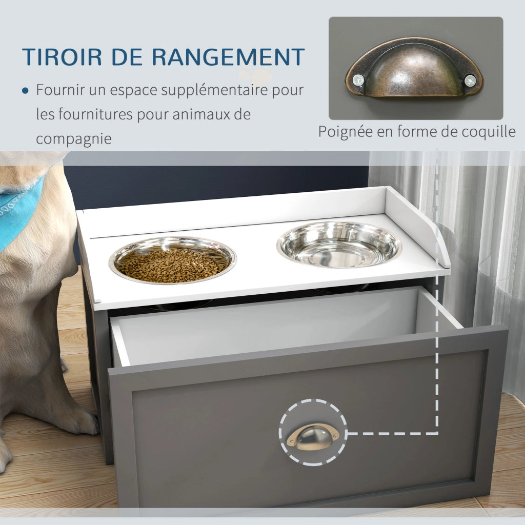 Ciotole rialzate per cani e gatti con cassetto portaoggetti ¨C Xylo ¨C acciaio inox, MDF bianco grigio