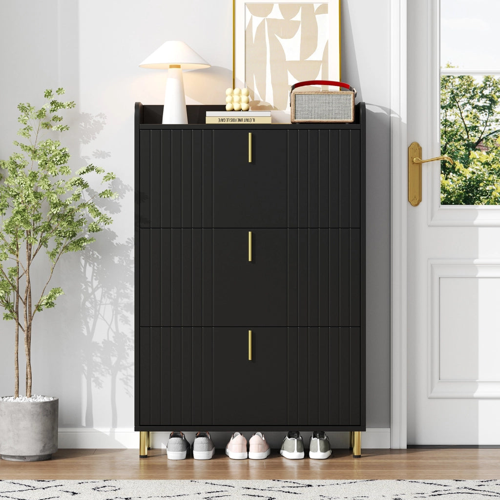 Scarpiera con 3 ante e ripiani regolabili, vano superiore, per ingresso, in MDF, nero, 80 × 23 × 123,5 cm