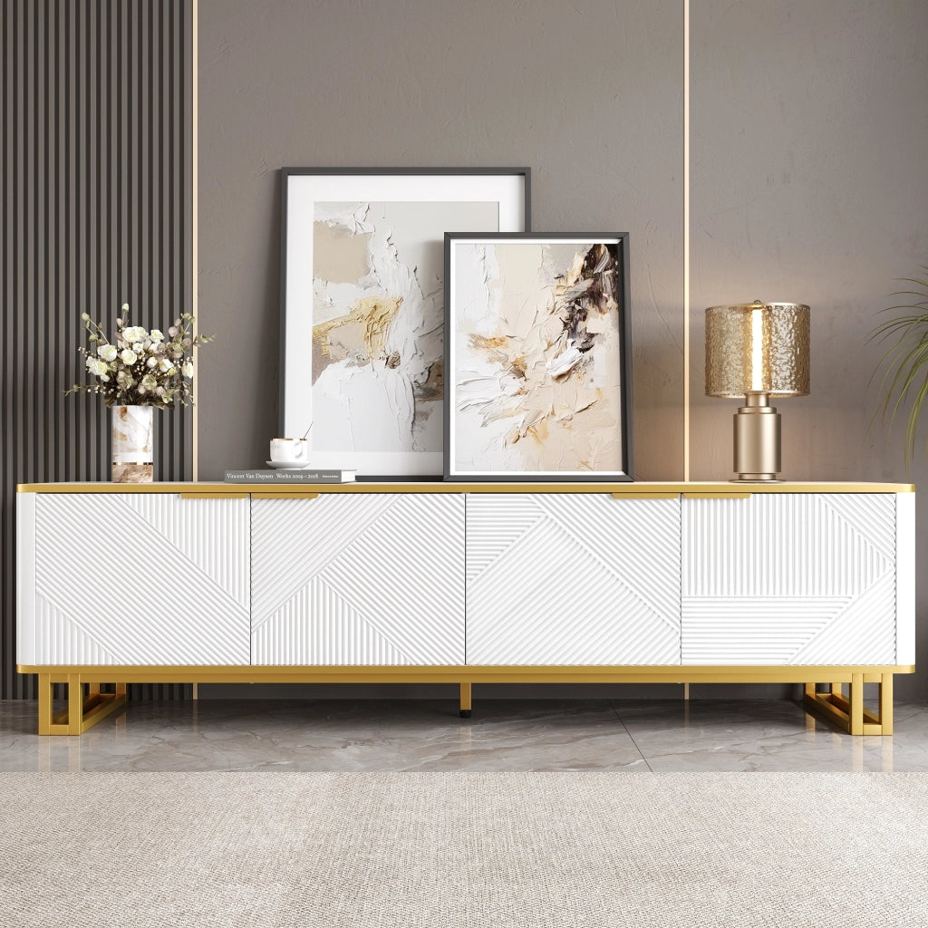 OKWISH Mobile TV con 4 Ante, Passacavi e Vano Aperto, Motivo Geometrico, per Soggiorno, MDF, Bianco, 160×37,5×48 cm