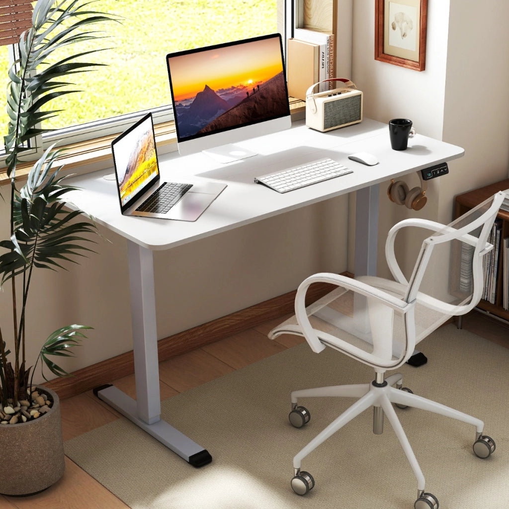 Scrivania ergonomica sit-stand con memoria altezze e gancio per cuffie, Scrivania elettrica regolabile in altezza-Scrivanie
