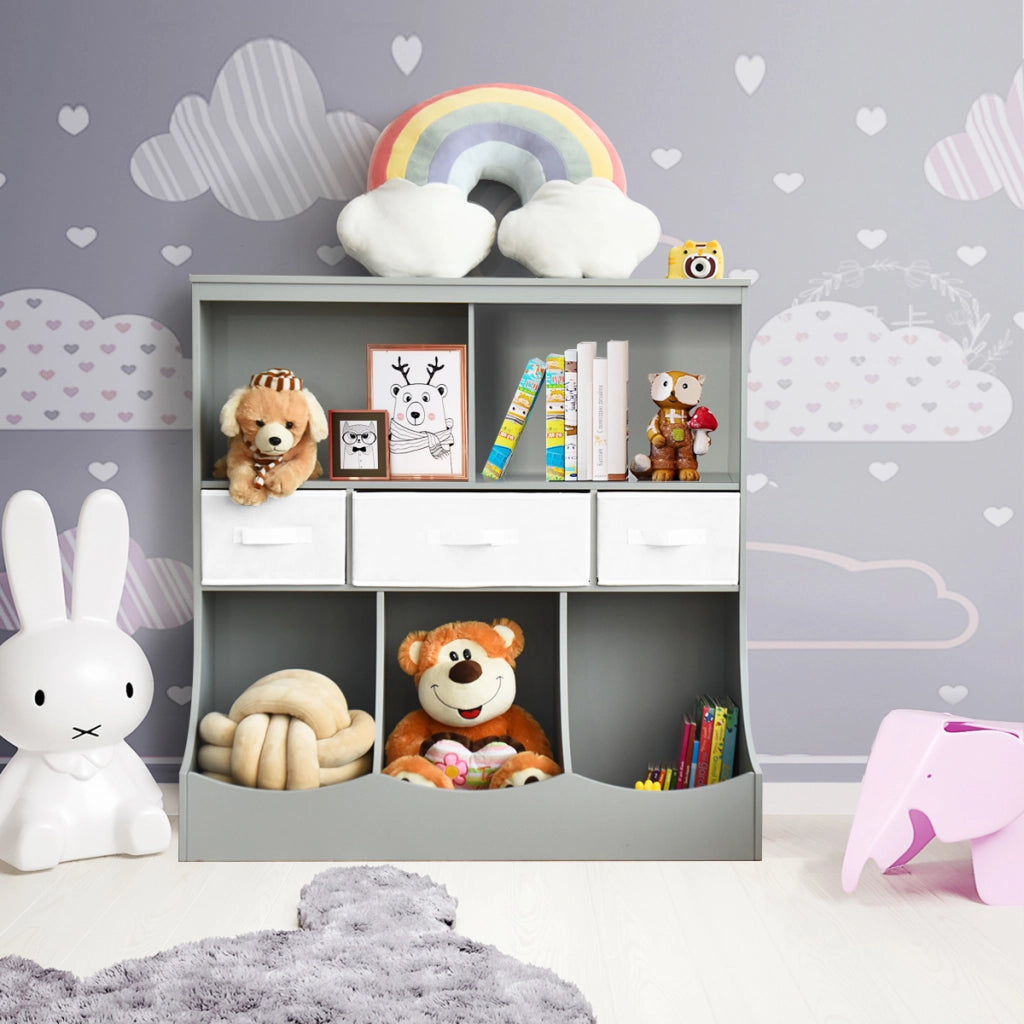Organizer con contenitori e 3 livelli per bambini, Mobile con 5 contenitori e 3 cassetti Grigio