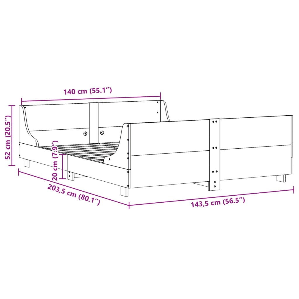 Letto matrimoniale | Letto per adulti | Giroletto senza Materasso Marrone Cera 140x200cm Massello Pino