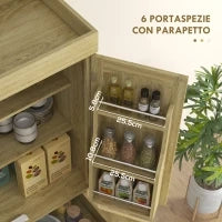 Credenza Cucina Stile Boho con 2 Armadietti, Cassetto e Portaspezie in Legno e Rattan, 76x40x183cm, Rovere