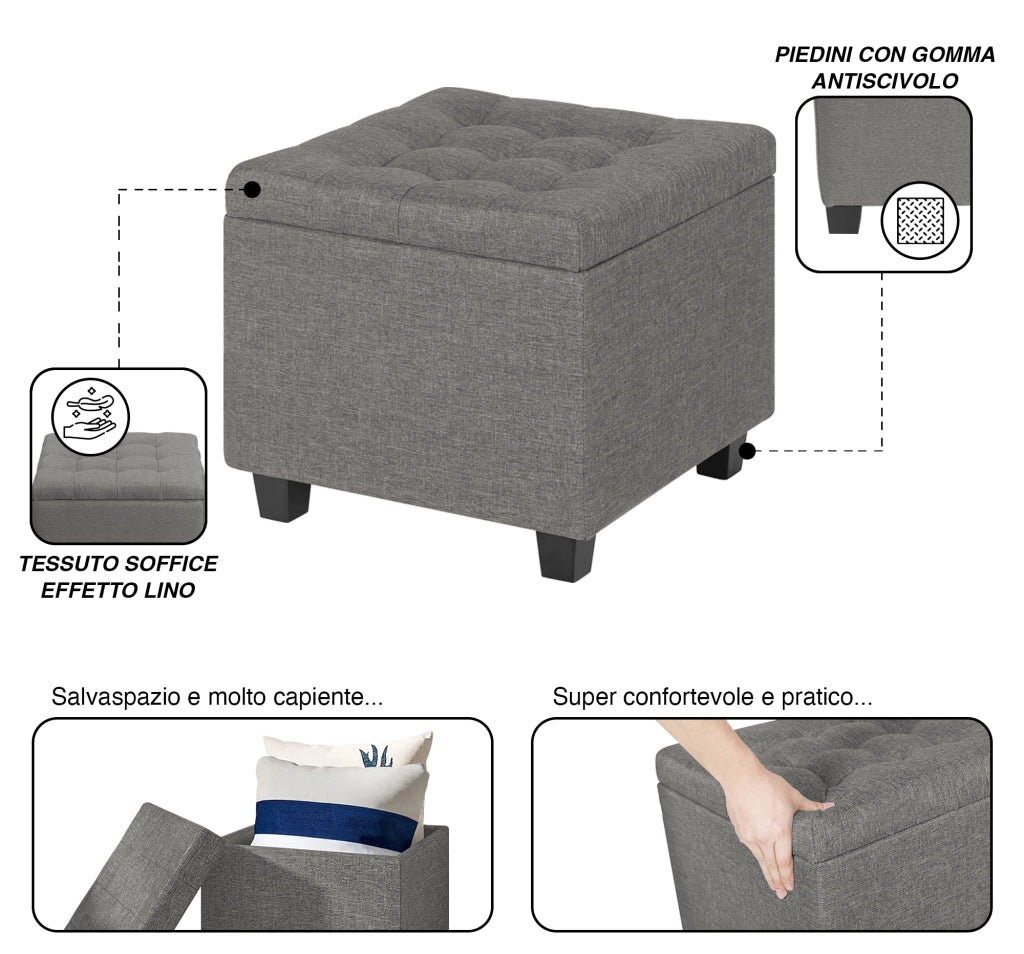 Pouf Poggiapiedi Cubico XXL Con Contenitore Integrato Cubo Imbottito Lino 45Cm Piedini legno Panca Moderna Cassapanca Soggiorno Panchina Ingresso Scarpiera Sgabello Grande - Grigio1