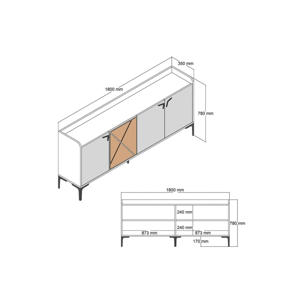 Credenza Also, Credenza da soggiorno, Armadio basso per TV, Base parete attrezzata, 180x35 h78 cm, Noce e Bianco Marmo