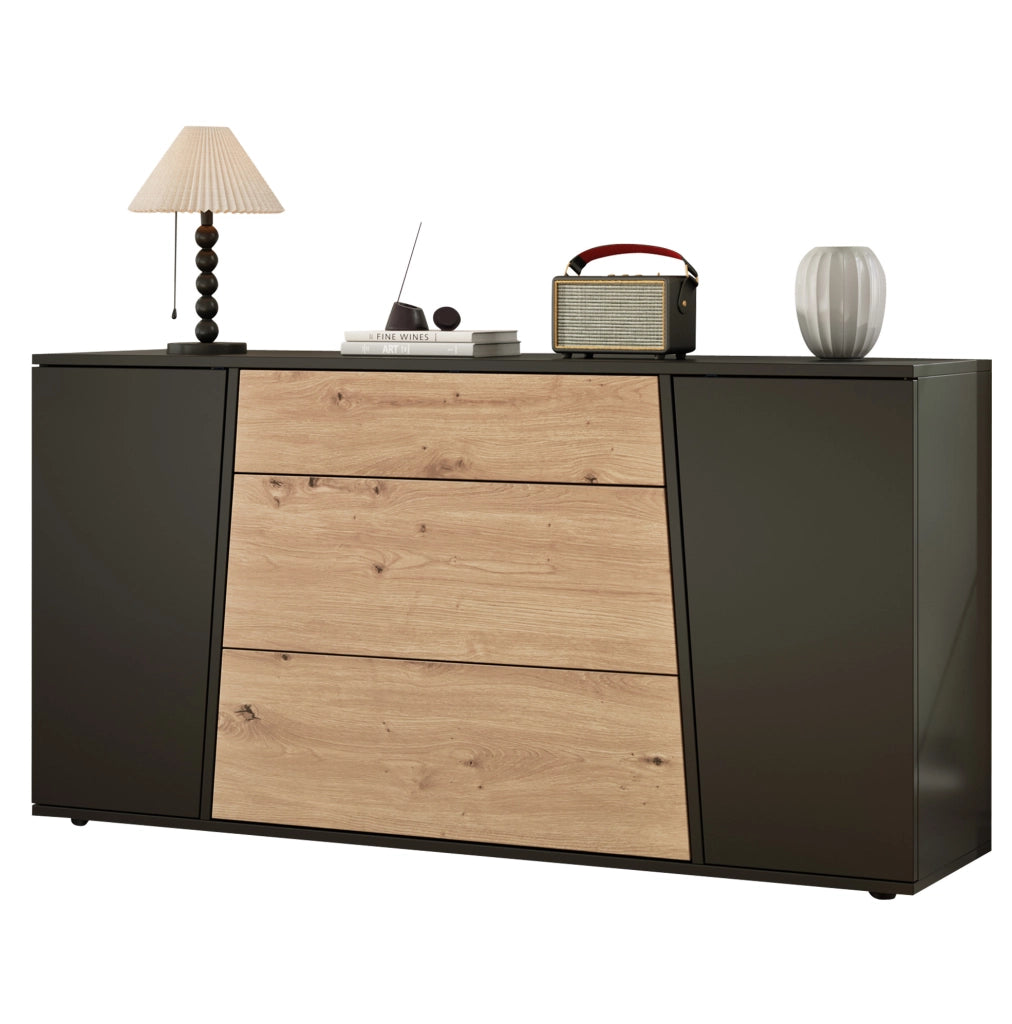 Sideboard 140×35×70 cm in MDF Nero e Legno con 3 Cassetti e 2 Ante Regolabili
